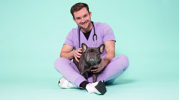 An image of Vet Alex, a 30-something year old man with dark hair, smiling at the camera, wearing lilac vet scrubs, with a grey French Bulldog, against a pale blue background